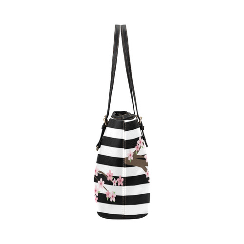 Black White Stripes, Cherry Blossom Flower Tree, Floral Pattern Leather Tote Bag/Small (Model 1651)