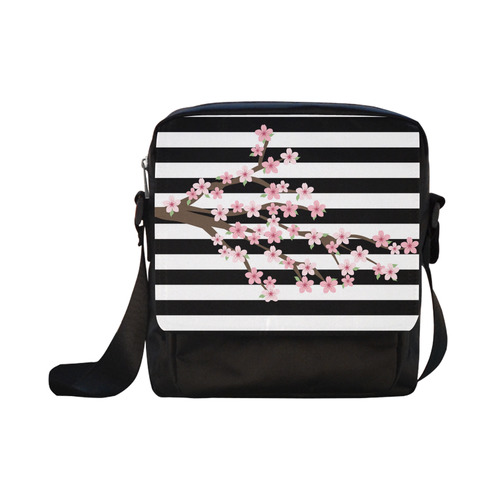 Black White Stripes, Cherry Blossom Flower Tree, Floral Pattern Crossbody Nylon Bags (Model 1633)