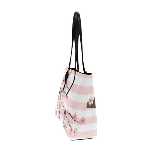 Pink White Stripes, Cherry Blossom Tree, Floral Pattern Euramerican Tote Bag/Large (Model 1656)