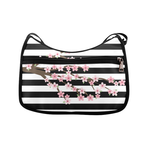 Black White Stripes, Cherry Blossom Flower Tree, Floral Pattern Crossbody Bags (Model 1616)