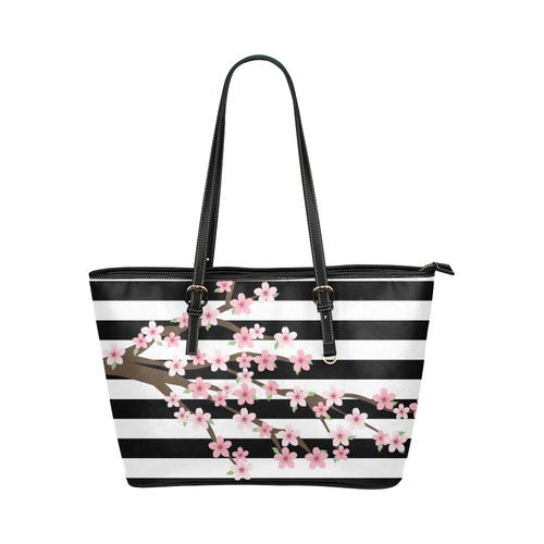 Black White Stripes, Cherry Blossom Flower Tree, Floral Pattern Leather Tote Bag/Small (Model 1651)