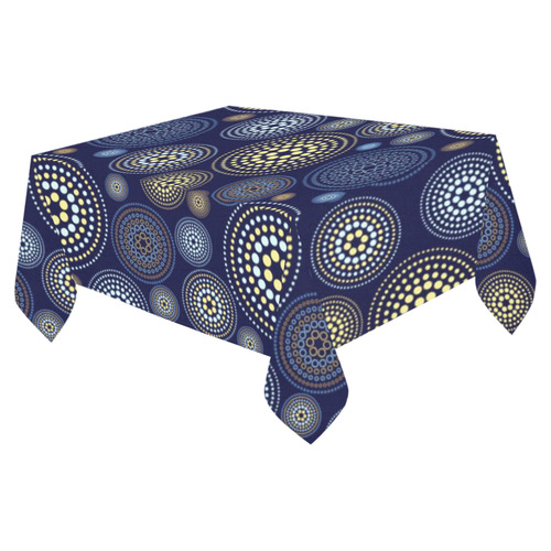 Blue Gold Circles Abstract Pattern Cotton Linen Tablecloth 52"x 70"
