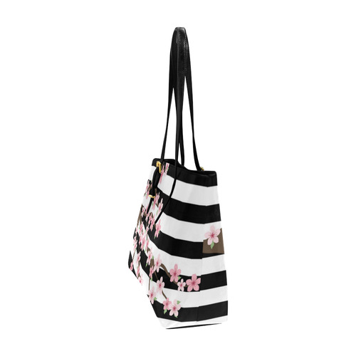 Black White Stripes, Cherry Blossom Flower Tree, Floral Pattern Euramerican Tote Bag/Large (Model 1656)