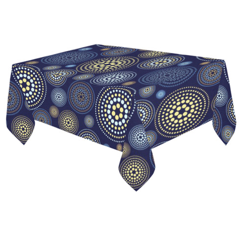 Blue Gold Circles Abstract Pattern Cotton Linen Tablecloth 60"x 84"