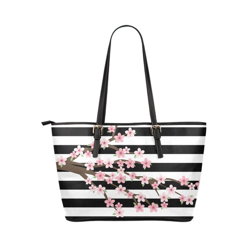 Black White Stripes, Cherry Blossom Flower Tree, Floral Pattern Leather Tote Bag/Small (Model 1651)