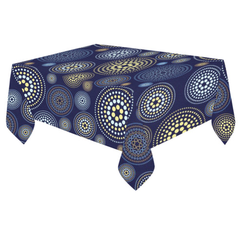 Blue Gold Circles Abstract Pattern Cotton Linen Tablecloth 60"x 84"