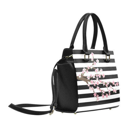 Black White Stripes, Cherry Blossom Flower Tree, Floral Pattern Classic Shoulder Handbag (Model 1653)