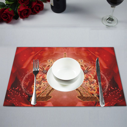 The eiffel tower with flowers, red colors Placemat 12’’ x 18’’ (Four Pieces)