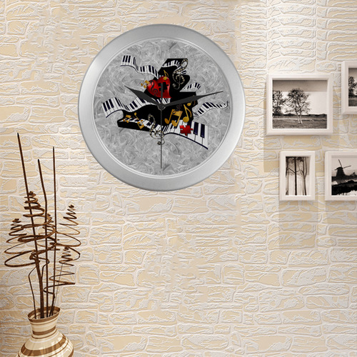 Piano Colorful Music Print Clock by Juleez Silver Color Wall Clock