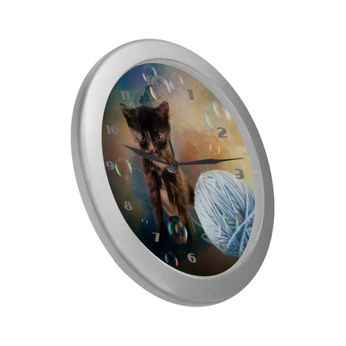 Playful cute black kitten Silver Color Wall Clock