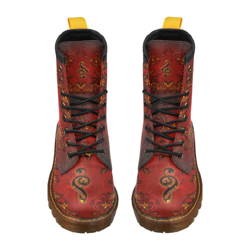 Music, clef and red floral elements High Grade PU Leather Martin Boots For Women Model 402H