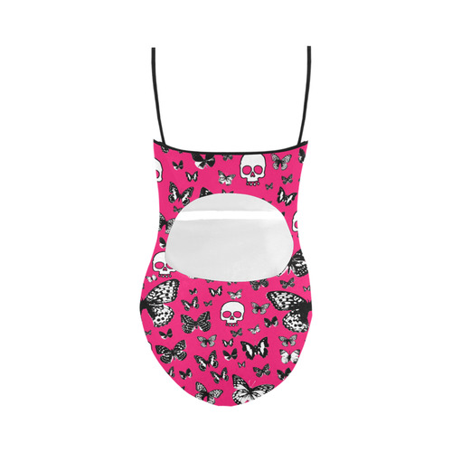 Skulls & Butterflies on Pink Strap Swimsuit ( Model S05)