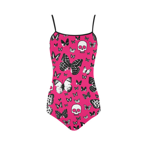 Skulls & Butterflies on Pink Strap Swimsuit ( Model S05)