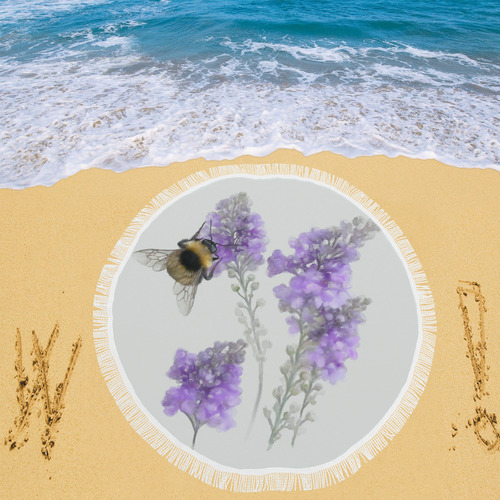 Bumblebee on Purple Flowers, floral watercolor Circular Beach Shawl 59"x 59"