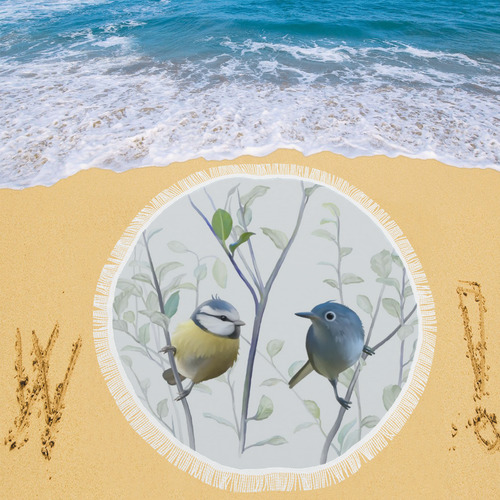2 Cute Birds in Tree, watercolor Circular Beach Shawl 59"x 59"