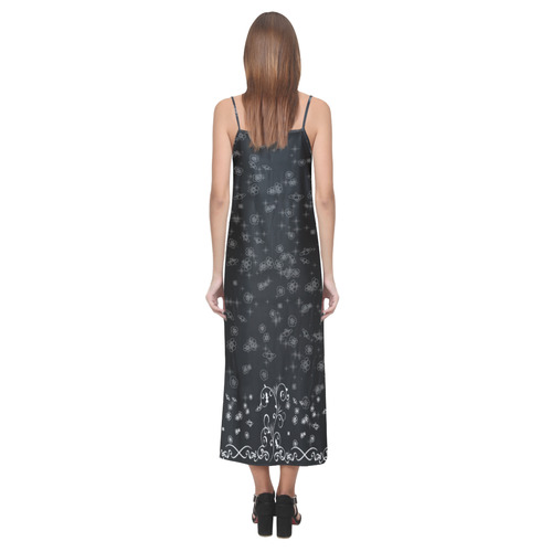 Black and white flower border print V-Neck Open Fork Long Dress(Model D18)