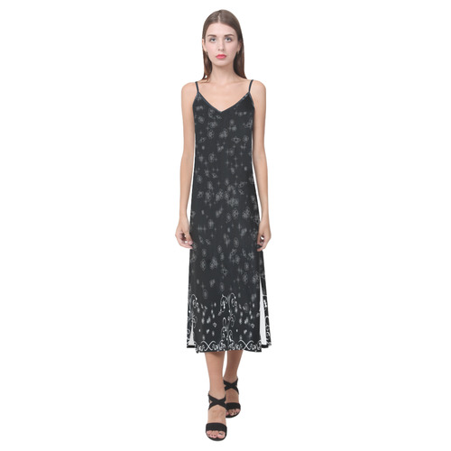 Black and white flower border print V-Neck Open Fork Long Dress(Model D18)