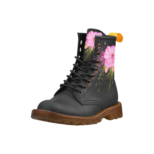 Pink flower color splash, floral watercolor High Grade PU Leather Martin Boots For Women Model 402H