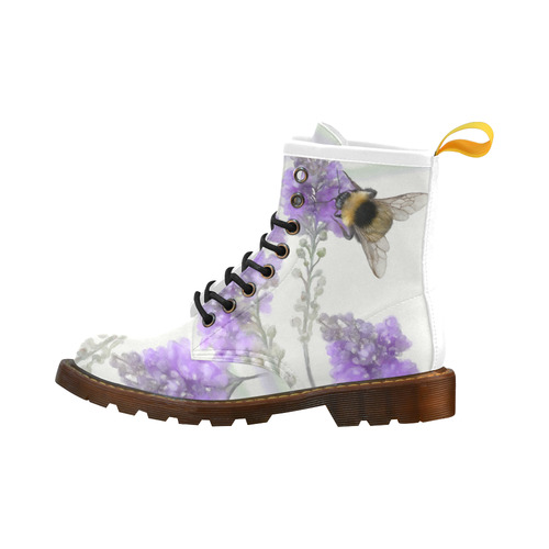 Bumblebee on purple flowers, floral watercolor High Grade PU Leather Martin Boots For Women Model 402H