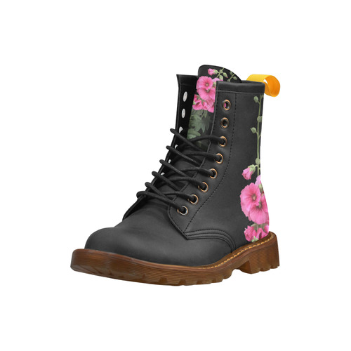 Pink Hollyhocks, floral watercolor High Grade PU Leather Martin Boots For Women Model 402H