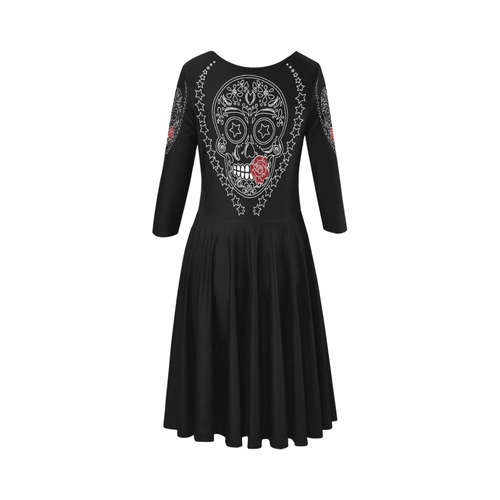 Sugar Skull Red Rose Elbow Sleeve Ice Skater Dress (D20)