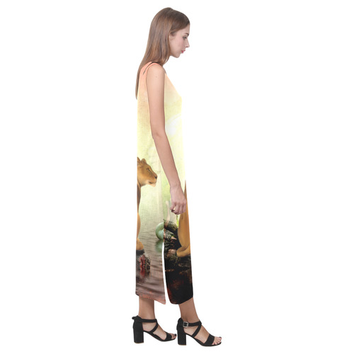 Awesome lioness in a fantasy world Phaedra Sleeveless Open Fork Long Dress (Model D08)