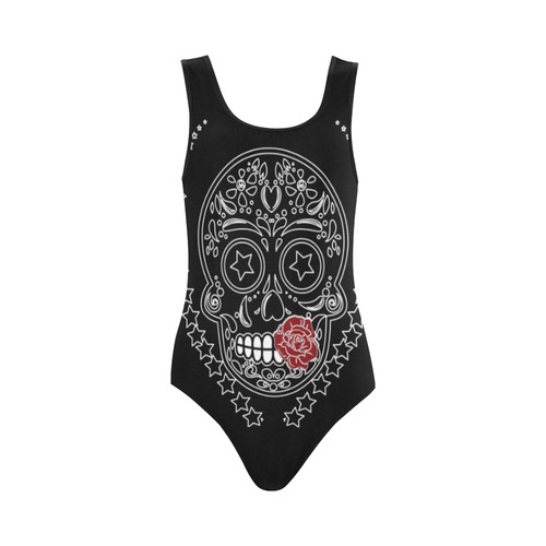 Sugar Skull Red Rose Vest One Piece Swimsuit (Model S04)