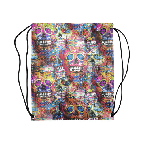 Colorfully Flower Power Skull Grunge Pattern Large Drawstring Bag Model 1604 (Twin Sides)  16.5"(W) * 19.3"(H)