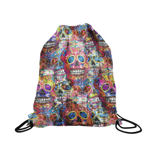 Colorfully Flower Power Skull Grunge Pattern Large Drawstring Bag Model 1604 (Twin Sides)  16.5"(W) * 19.3"(H)