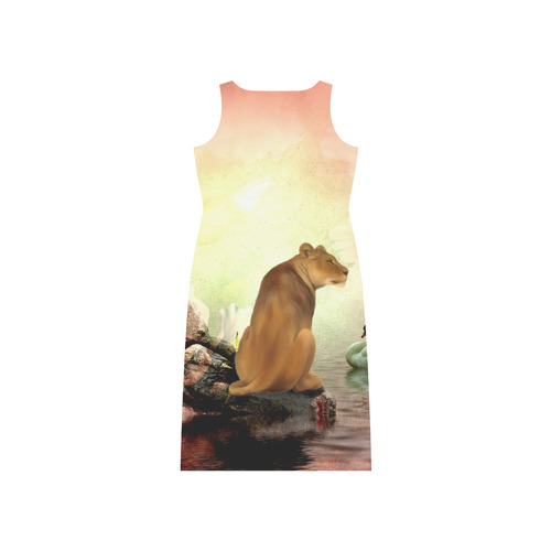 Awesome lioness in a fantasy world Phaedra Sleeveless Open Fork Long Dress (Model D08)