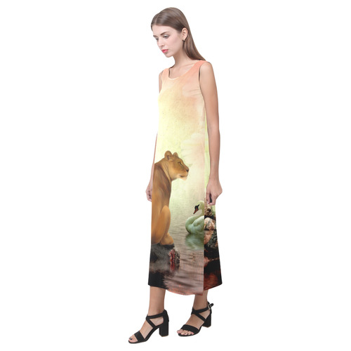 Awesome lioness in a fantasy world Phaedra Sleeveless Open Fork Long Dress (Model D08)