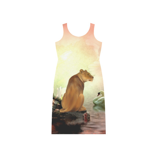 Awesome lioness in a fantasy world Phaedra Sleeveless Open Fork Long Dress (Model D08)