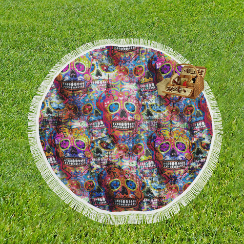 Colorfully Flower Power Skull Grunge Pattern Circular Beach Shawl 59"x 59"