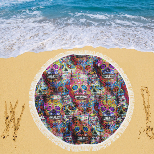 Colorfully Flower Power Skull Grunge Pattern Circular Beach Shawl 59"x 59"