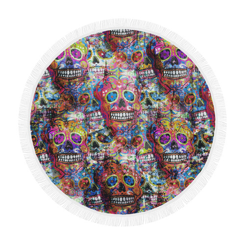 Colorfully Flower Power Skull Grunge Pattern Circular Beach Shawl 59"x 59"