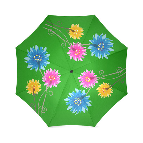 Pink Blue Yellow FLowers on Green Foldable Umbrella (Model U01)