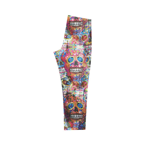 Colorfully Flower Power Skull Grunge Pattern Capri Legging (Model L02)