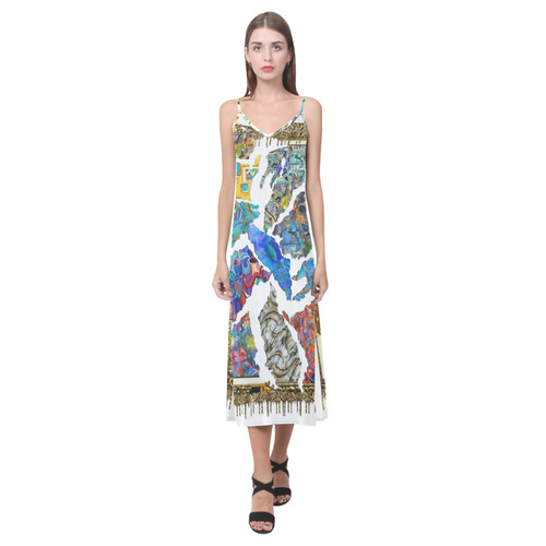 Fractured Art Gold Drip Art Print Summer Dress V-Neck Open Fork Long Dress(Model D18)