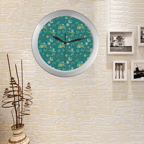 Cute colorful night Owls moons and flowers Silver Color Wall Clock