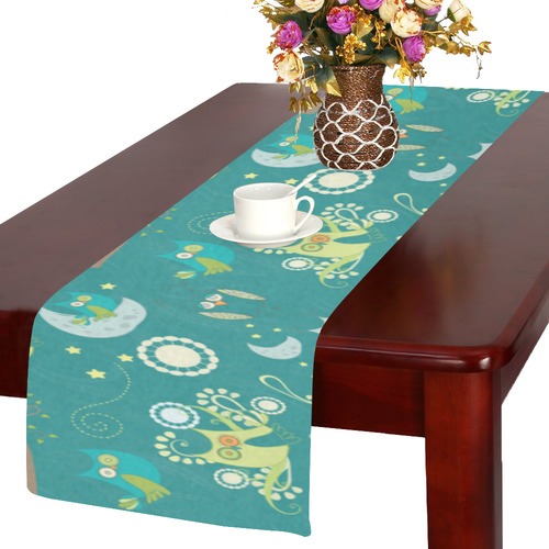 Cute colorful night Owls moons and flowers Table Runner 14x72 inch