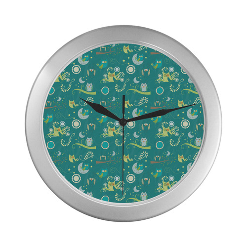 Cute colorful night Owls moons and flowers Silver Color Wall Clock