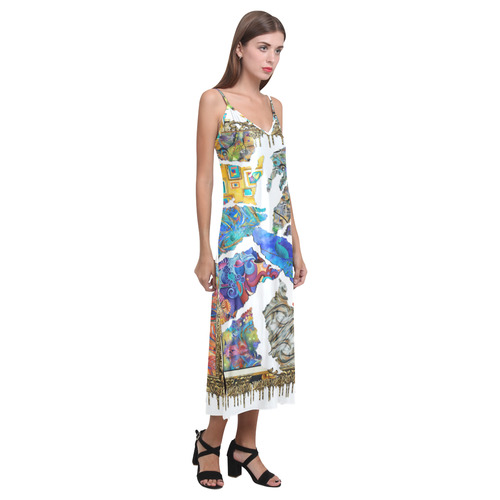 Fractured Art Gold Drip Art Print Summer Dress V-Neck Open Fork Long Dress(Model D18)