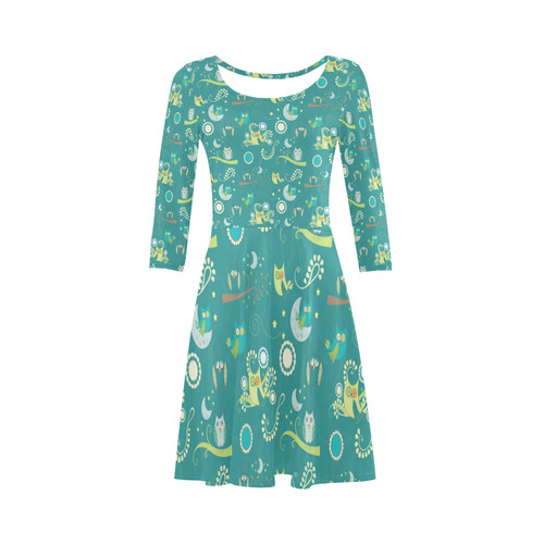 Cute colorful night Owls moons and flowers 3/4 Sleeve Sundress (D23)