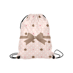 Brown Flowers, Pink White Polka Dots with Brown Bow, Floral Pattern Medium Drawstring Bag Model 1604 (Twin Sides) 13.8"(W) * 18.1"(H)