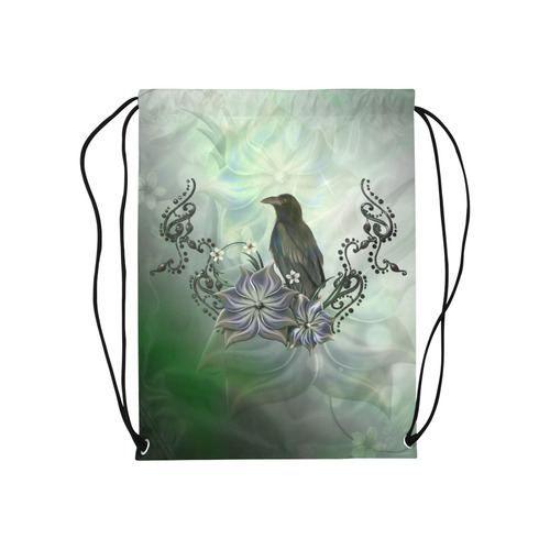 Raven with flowers Medium Drawstring Bag Model 1604 (Twin Sides) 13.8"(W) * 18.1"(H)