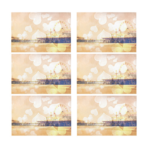 Yellow Bokeh Hearts Santa Monica Pier Placemat 12’’ x 18’’ (Set of 6)