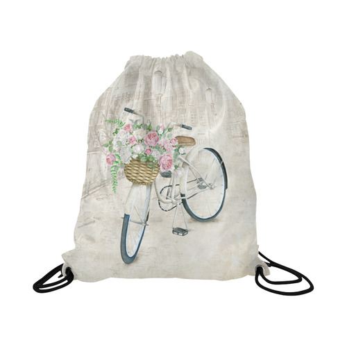 Vintage bicycle with roses basket Large Drawstring Bag Model 1604 (Twin Sides)  16.5"(W) * 19.3"(H)