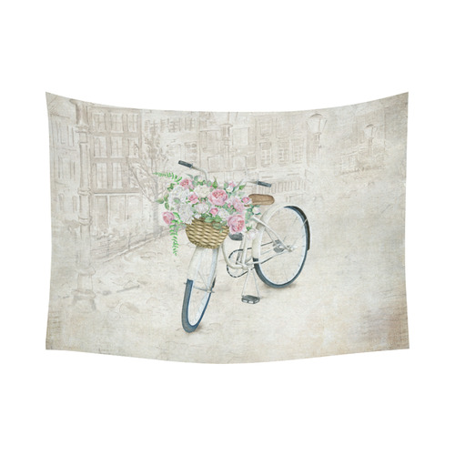 Vintage bicycle with roses basket Cotton Linen Wall Tapestry 80"x 60"