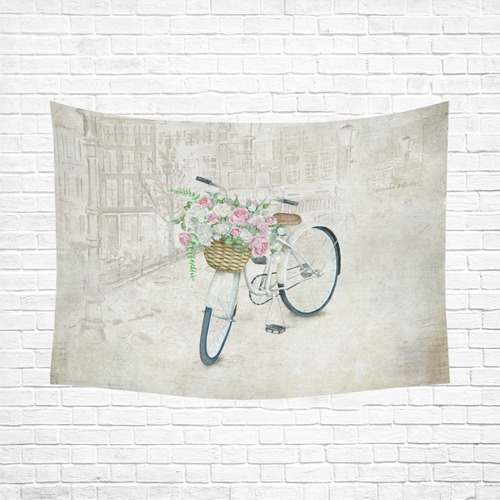 Vintage bicycle with roses basket Cotton Linen Wall Tapestry 80"x 60"