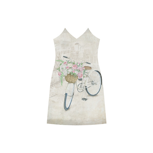 Vintage bicycle with roses basket V-Neck Open Fork Long Dress(Model D18)